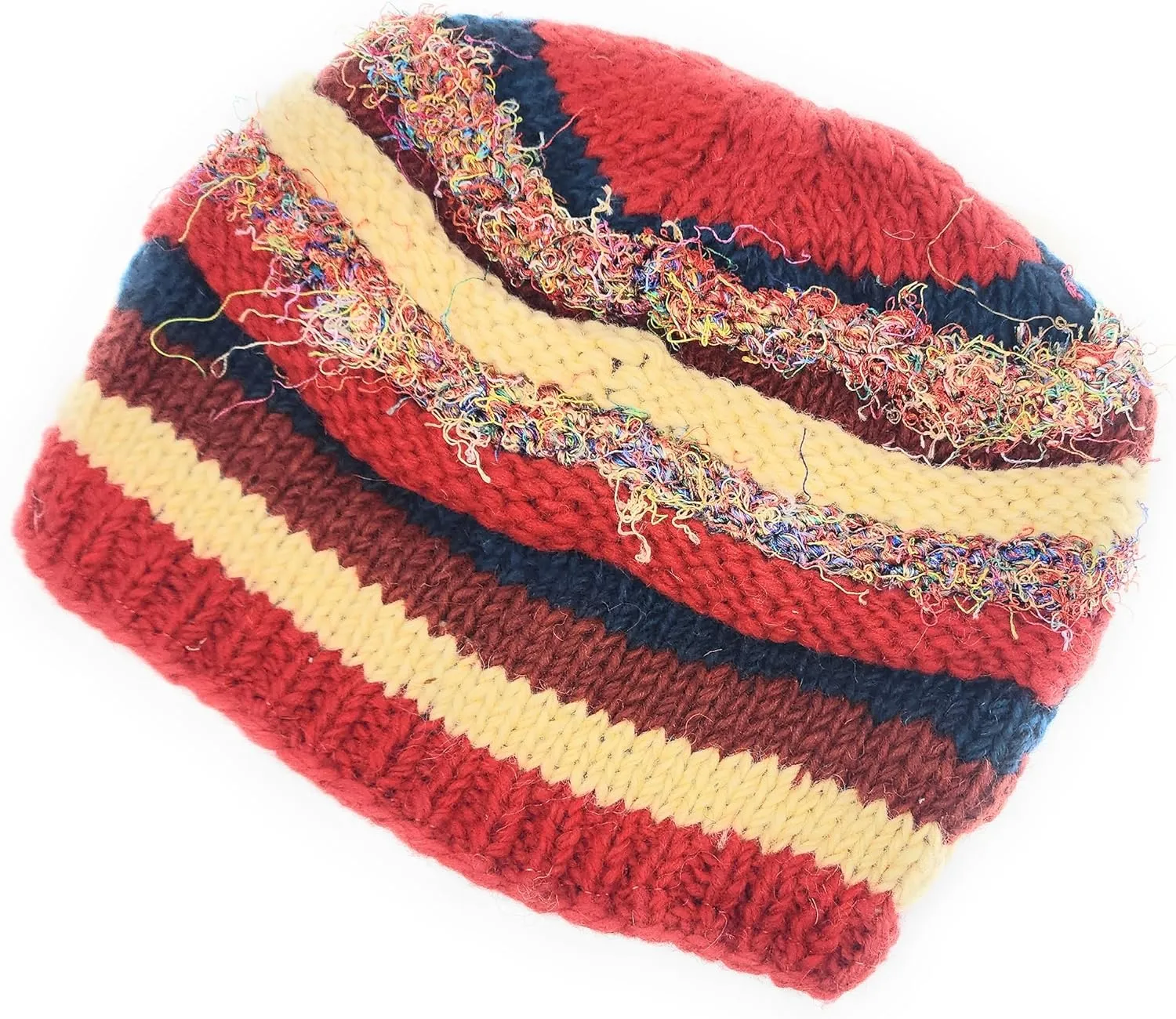 Hand Knit Wool and Recycled Silk Beanie Hat Fleece Lined Made in Nepal
