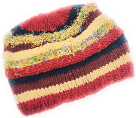 Hand Knit Wool and Recycled Silk Beanie Hat Fleece Lined Made in Nepal