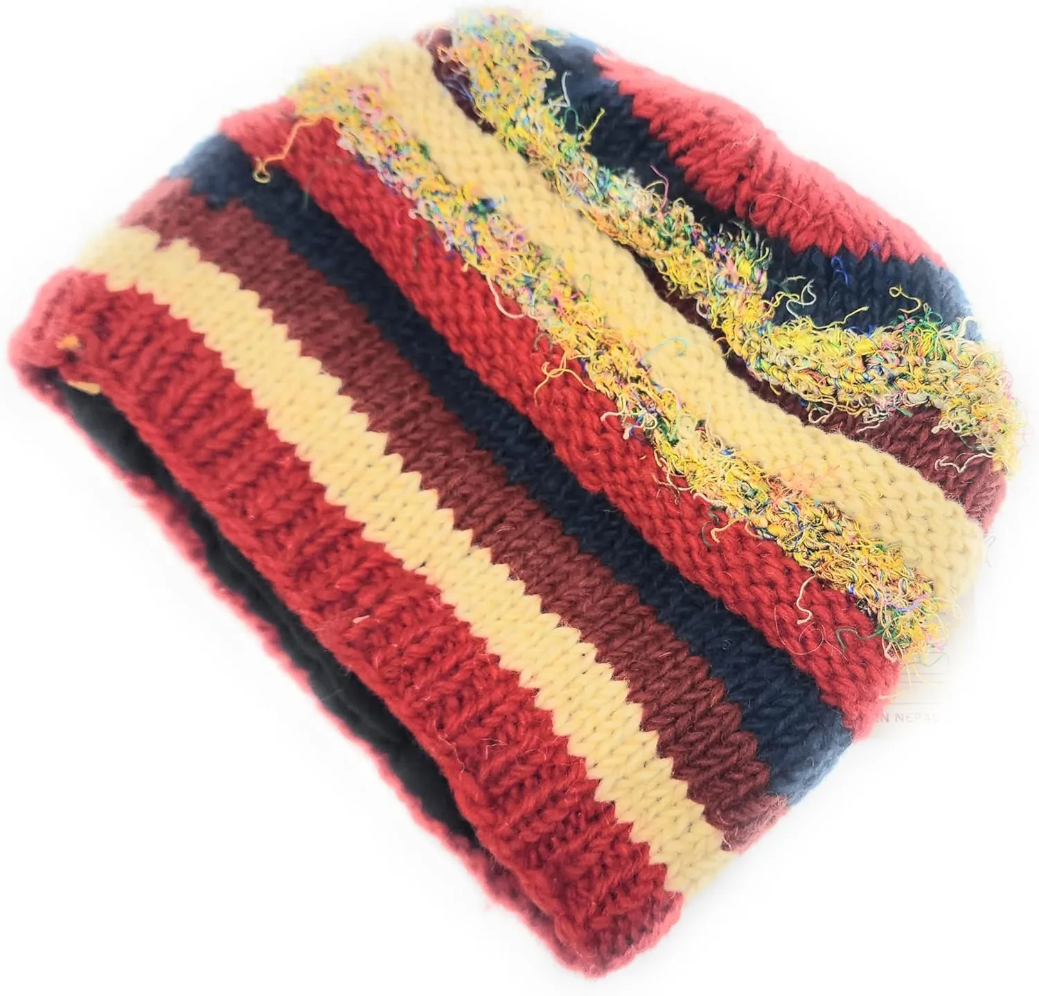 Hand Knit Wool and Recycled Silk Beanie Hat Fleece Lined Made in Nepal
