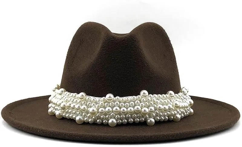 Lady British Fashion Elegant Wide Brim Fedora Panama Hat with Pearl Ring Women Men Classic Woolen Fedora Hats