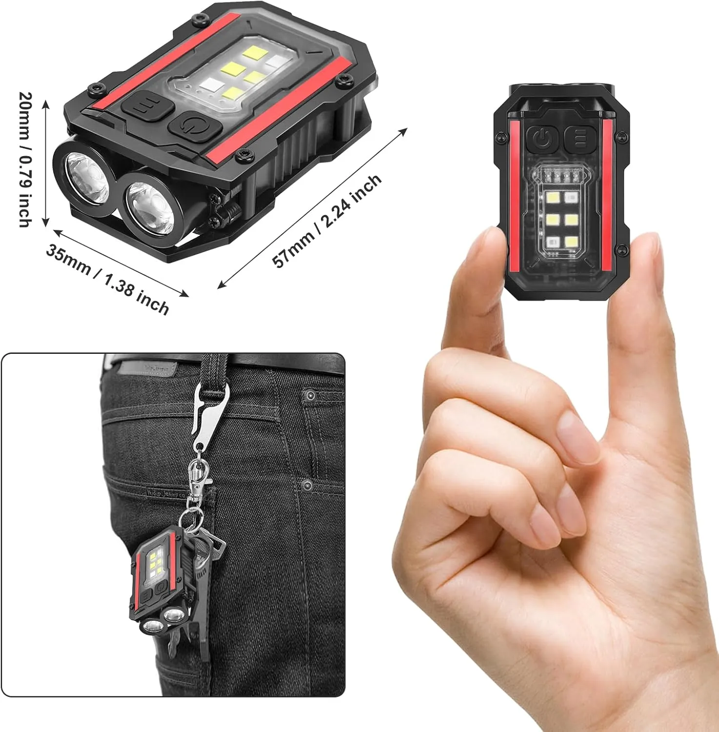 Mini Keychain Flashlight with Clip, 8 Modes Pocket Flash Light, Red Blue COB Side Light, Type-C Rechargeable for Hiking, Camping, Emergency (2, Balck Black)