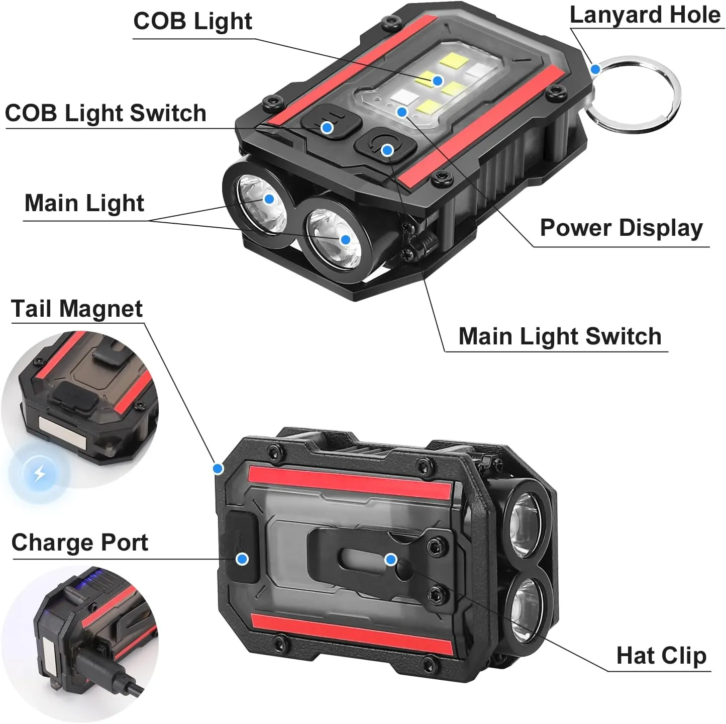 Mini Keychain Flashlight with Clip, 8 Modes Pocket Flash Light, Red Blue COB Side Light, Type-C Rechargeable for Hiking, Camping, Emergency (2, Balck Black)