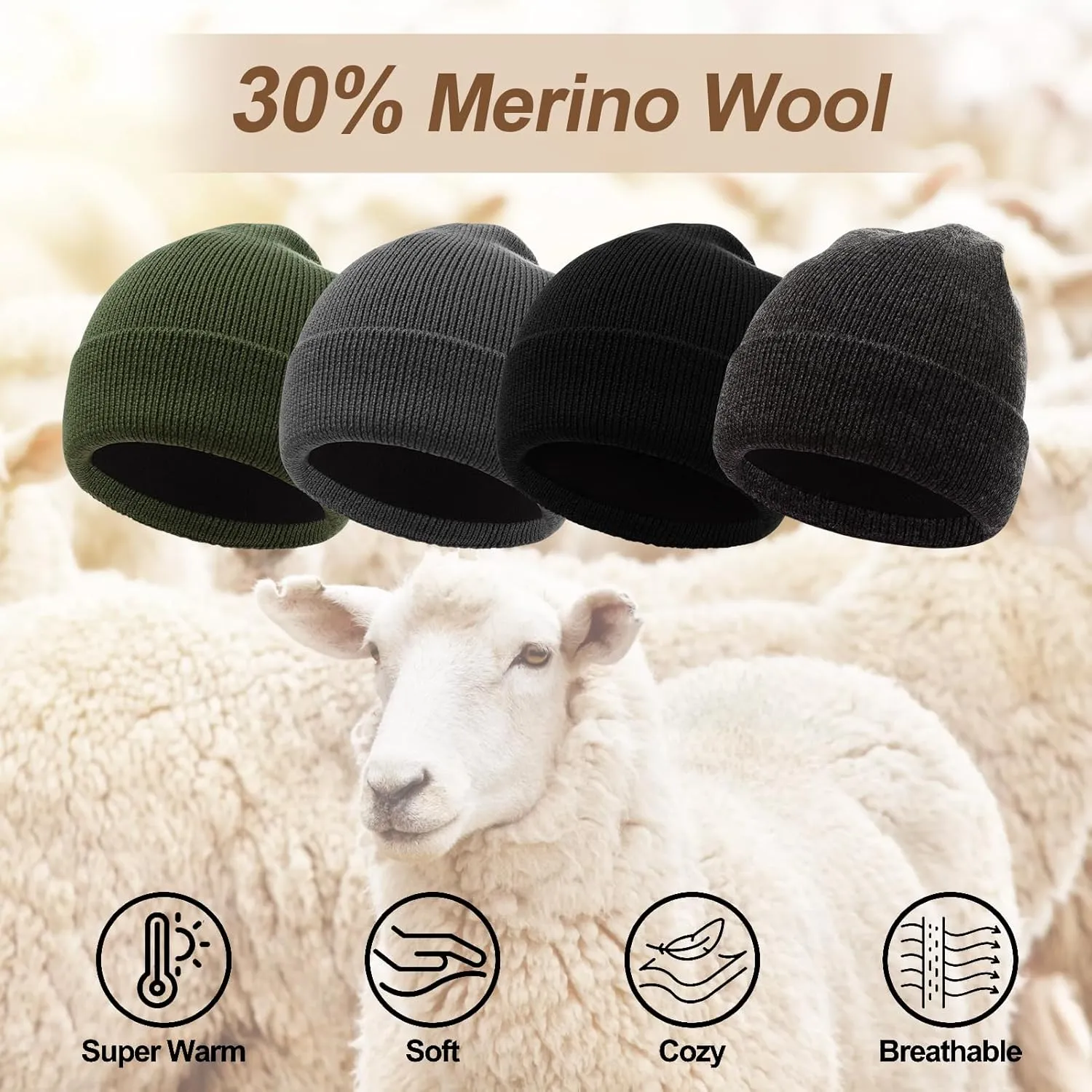 M/L/XL/XXL Waterproof Merino Wool Beanie for Men Women, Warm Fleece Lined Rainproof Windproof Winter Hat for All Weather