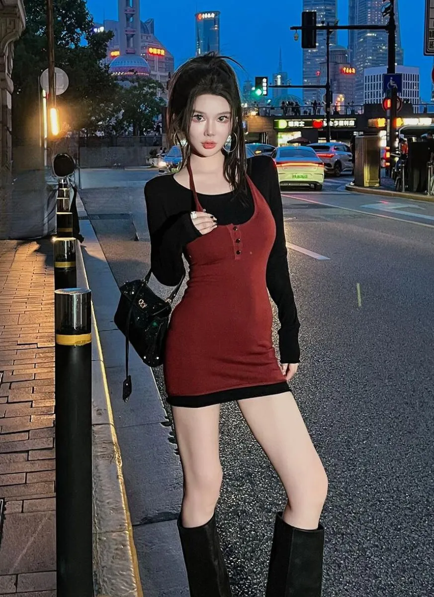 O240020 2-Colors Knitted Slim Fit Dress