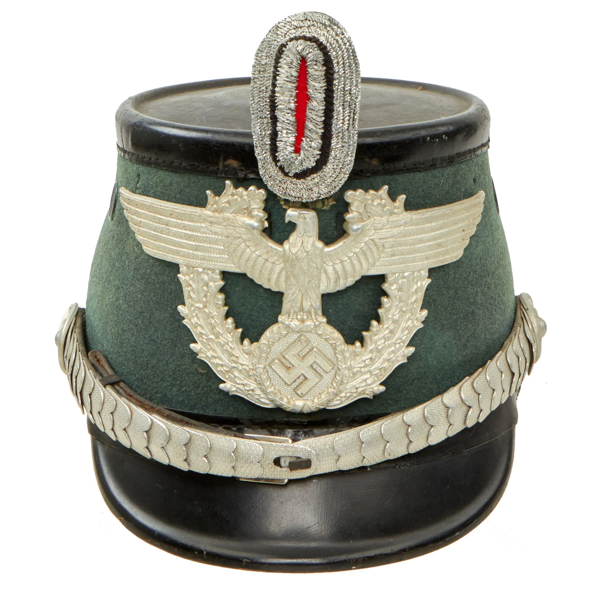 Original German WWII 1938 Dated Late Pattern Metropolitan Police Officer Shako by EREL with Chin Scales & Bullion Cockade - Size 56 ½ cm