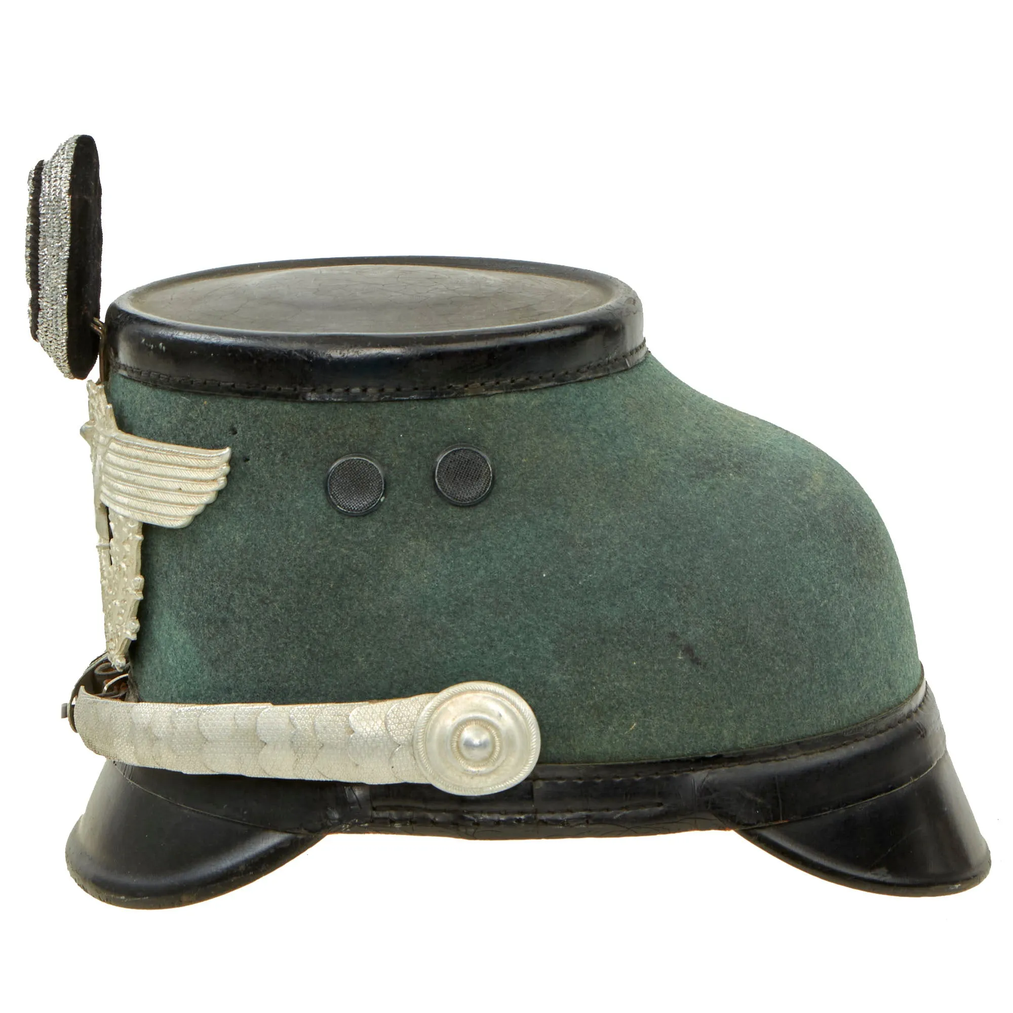 Original German WWII 1938 Dated Late Pattern Metropolitan Police Officer Shako by EREL with Chin Scales & Bullion Cockade - Size 56 ½ cm