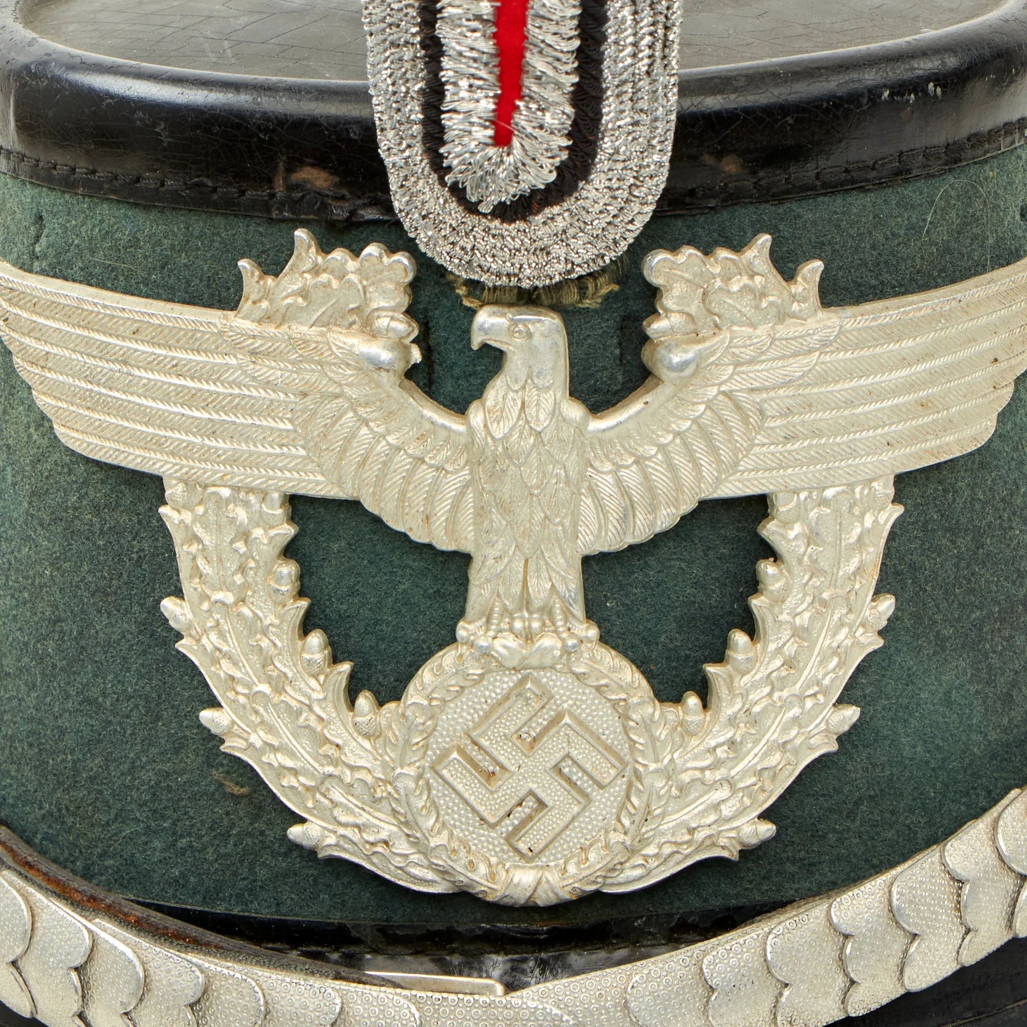 Original German WWII 1938 Dated Late Pattern Metropolitan Police Officer Shako by EREL with Chin Scales & Bullion Cockade - Size 56 ½ cm