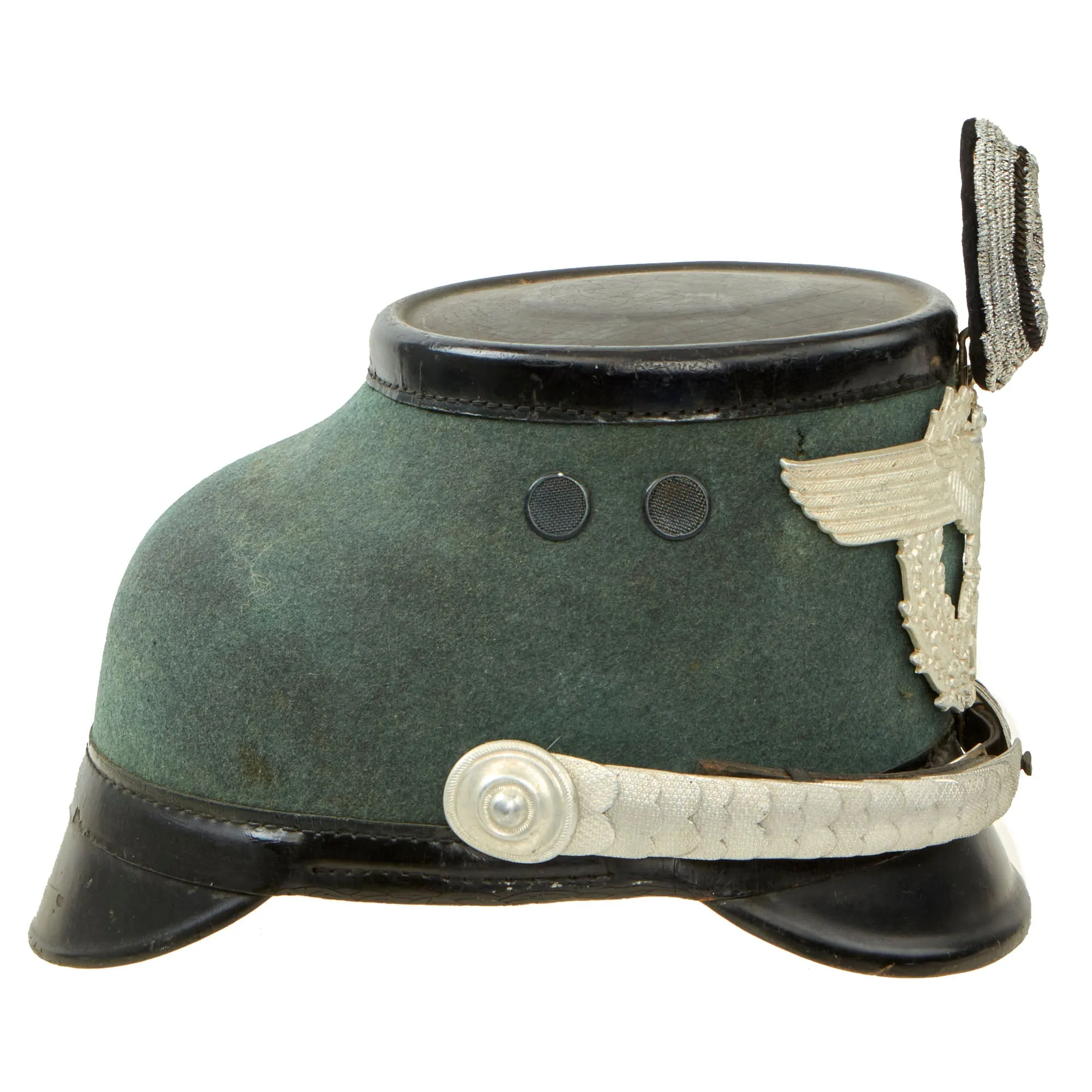 Original German WWII 1938 Dated Late Pattern Metropolitan Police Officer Shako by EREL with Chin Scales & Bullion Cockade - Size 56 ½ cm
