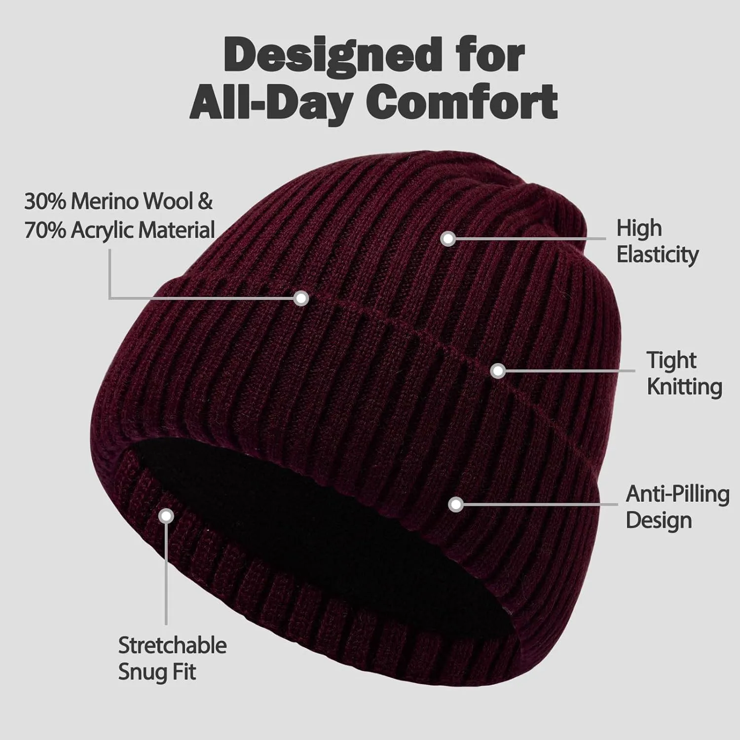 Oversize L/XL/XXL Beanie Hat for Big Heads - Unisex Merino Wool Cuff Beanie Winter Hat for Men and Women