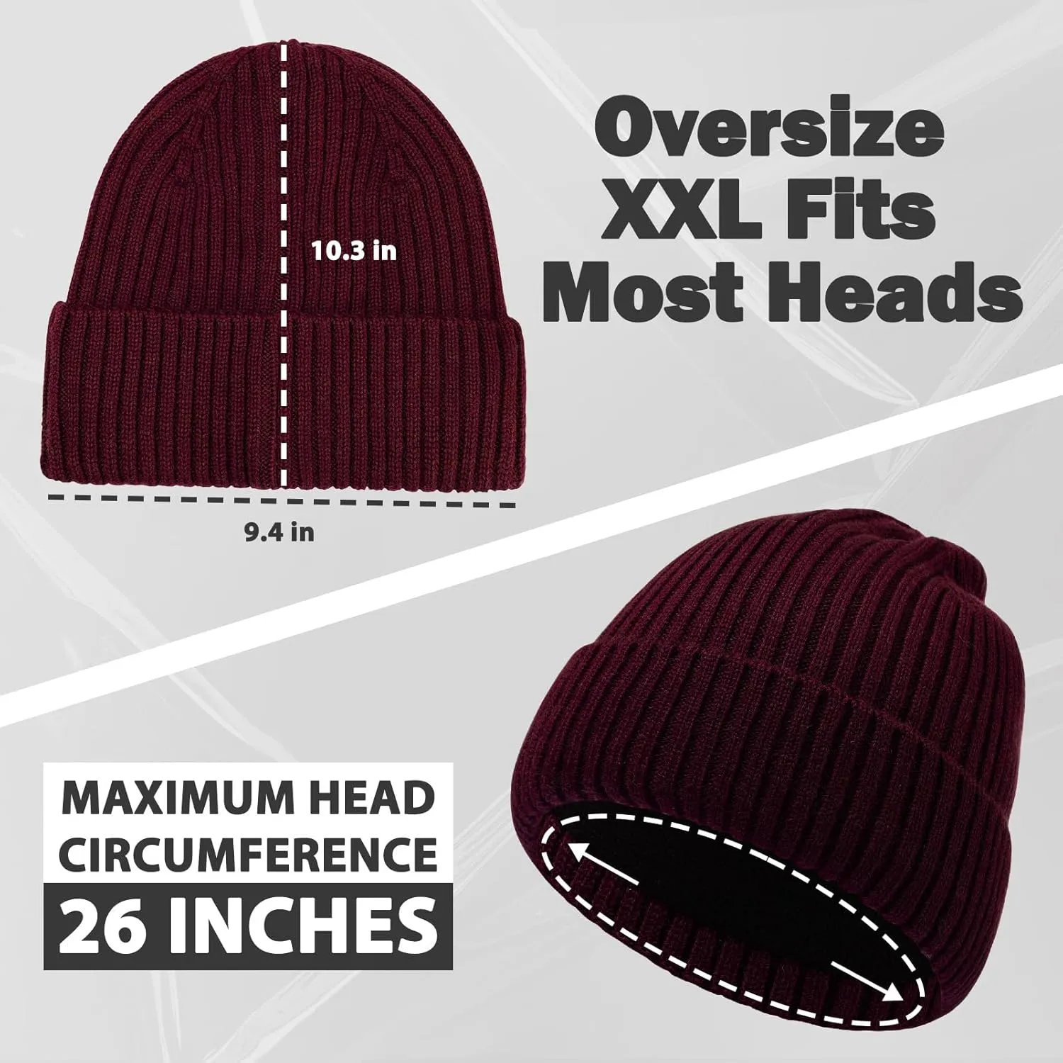 Oversize L/XL/XXL Beanie Hat for Big Heads - Unisex Merino Wool Cuff Beanie Winter Hat for Men and Women