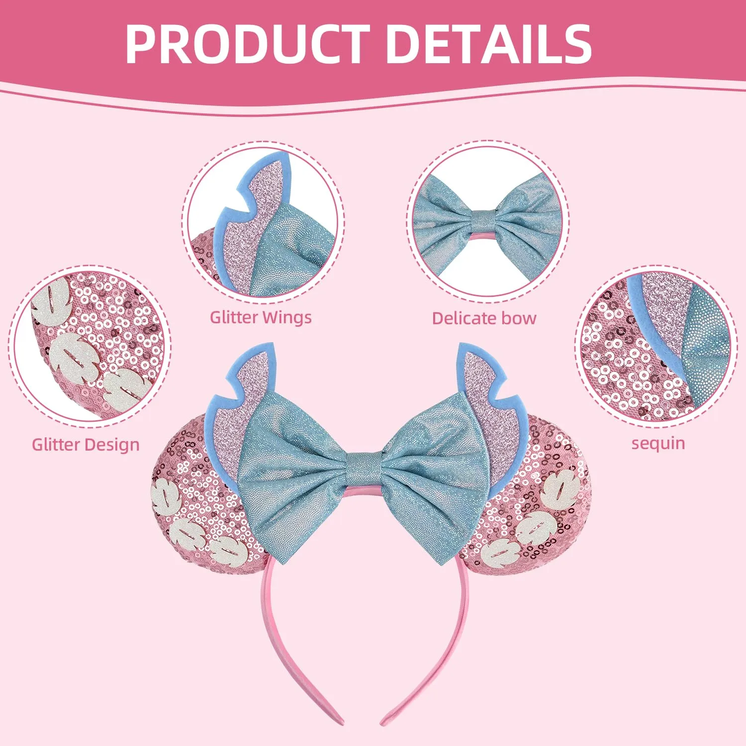 Pink Stitch Headband, Minnie Ears, for Women Girls, One Size, Plastic, Nylon, Hairband, Unisex, 1 Count