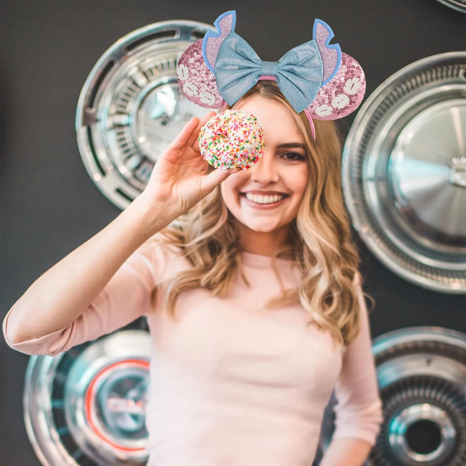 Pink Stitch Headband, Minnie Ears, for Women Girls, One Size, Plastic, Nylon, Hairband, Unisex, 1 Count