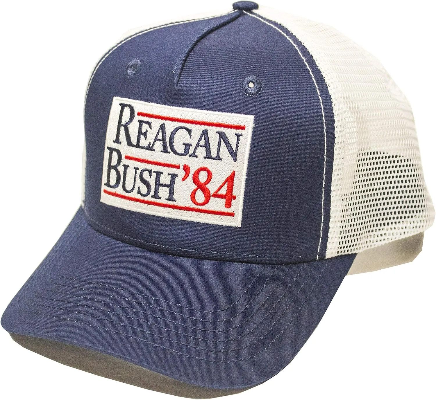 Reagan Bush 84 Adult Trucker Hat Snapback, Navy Blue with Embroidered Patch