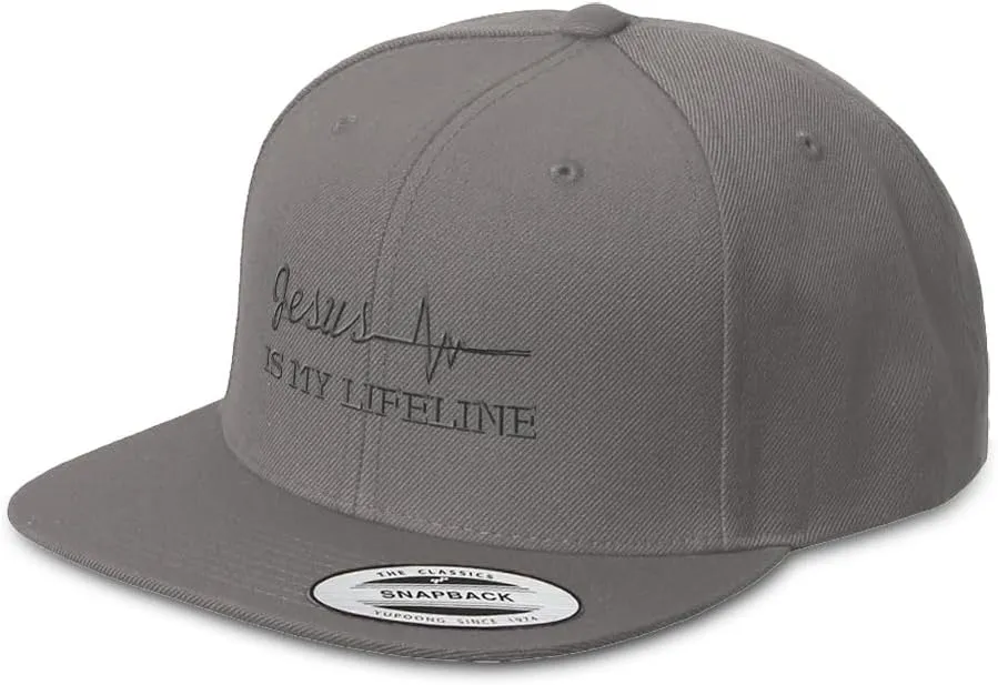 Snapback Hat for Men Flat Brim Hats Jesus is My Lifeline God Christian Embroidered Flat Bill Hat Acrylic