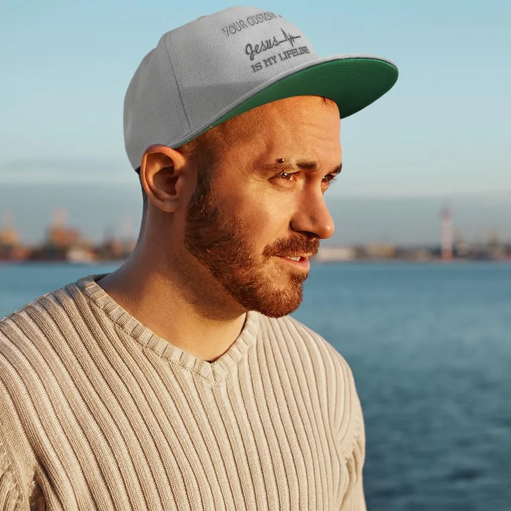 Snapback Hat for Men Flat Brim Hats Jesus is My Lifeline God Christian Embroidered Flat Bill Hat Acrylic