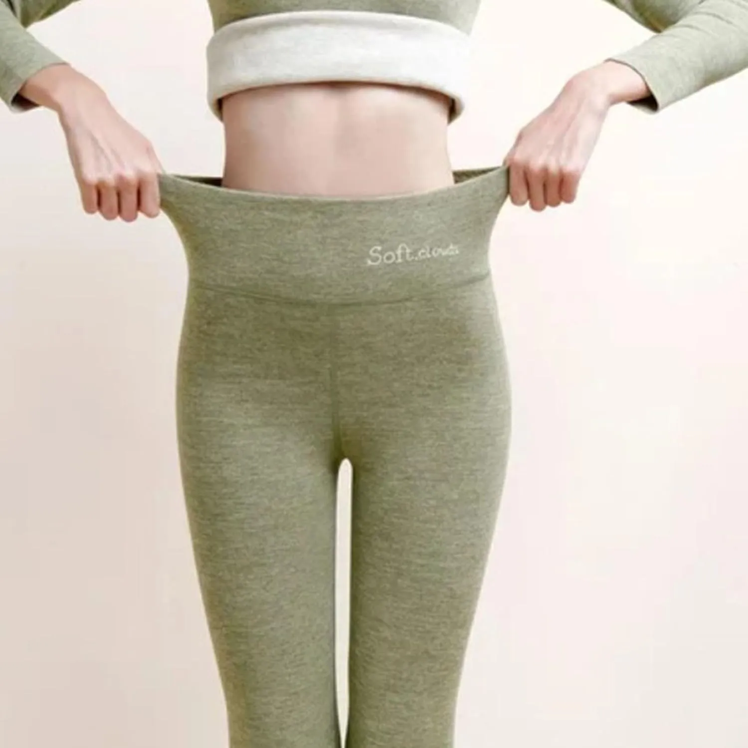 Soft Clouds Fleece Leggings for Women Casual Warm Winter Solid Pants Thermal Tights High Waist Yoga Pants