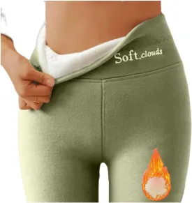 Soft Clouds Fleece Leggings for Women Casual Warm Winter Solid Pants Thermal Tights High Waist Yoga Pants