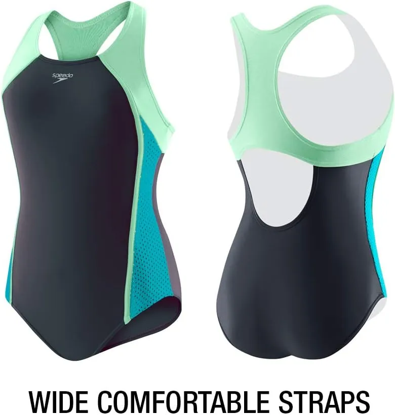 Speedo Girl's Swimsuit One Piece Mesh Splice Thick Strap
