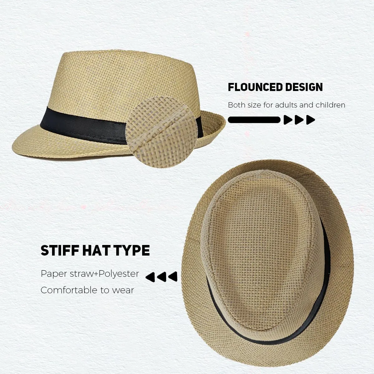 Straw Fedora Hat Wide Brim Summer Beach Sun Cap Panama Hat for Men Women