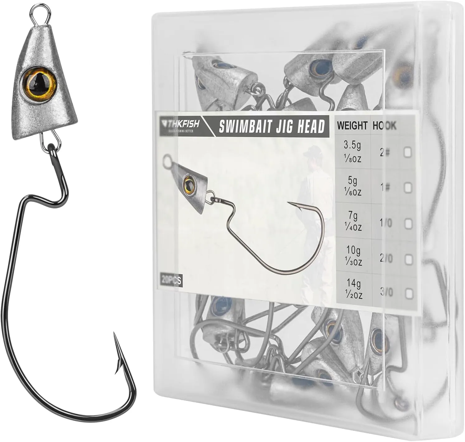 THKFISH Fish Eye Swimbait Jig Heads, 20PCS Weighted Swimbait Hooks for Texas or Ned Rig Fishing, Weedless Swing Jig Heads for Bass