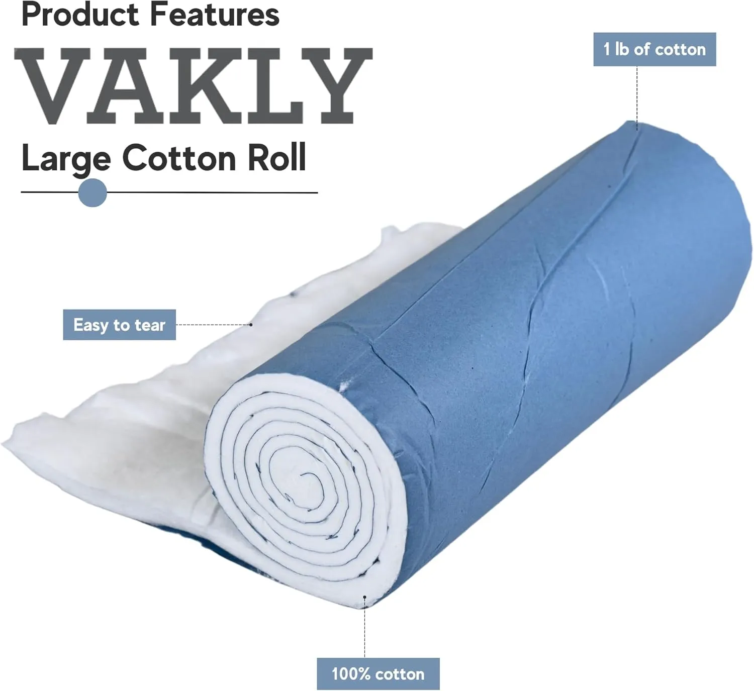 Vakly Large 1 lb White 100% Cotton Roll  Non-Sterile, Soft and High Absorbent Pure Cotton for Wound Care, Casting and Crafts - Tightly Rolled and Easy to Tear, 1-Pound, 12 x 56" (1)