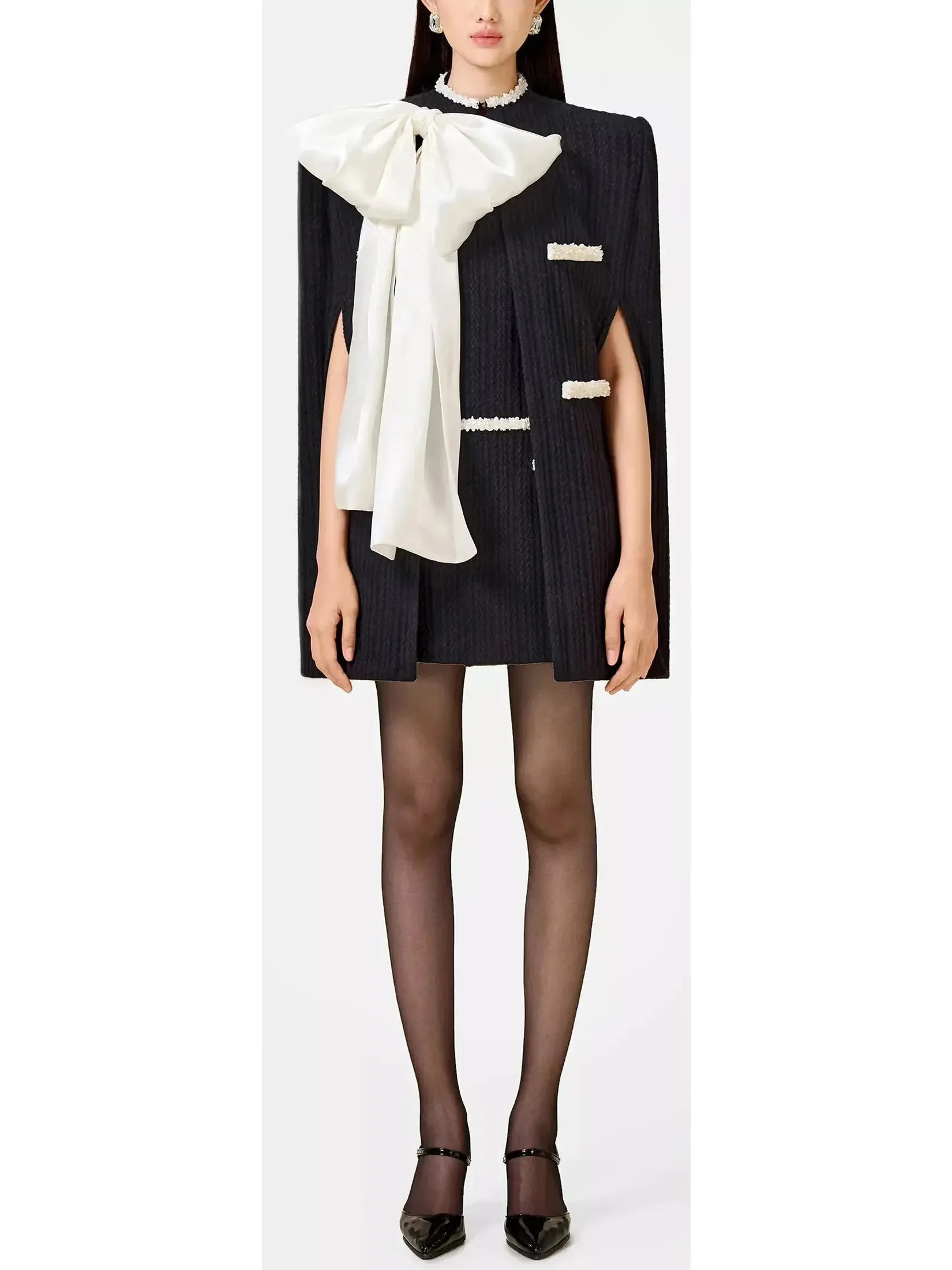Women’s Beaded Knit Cape and Dress Set, Black