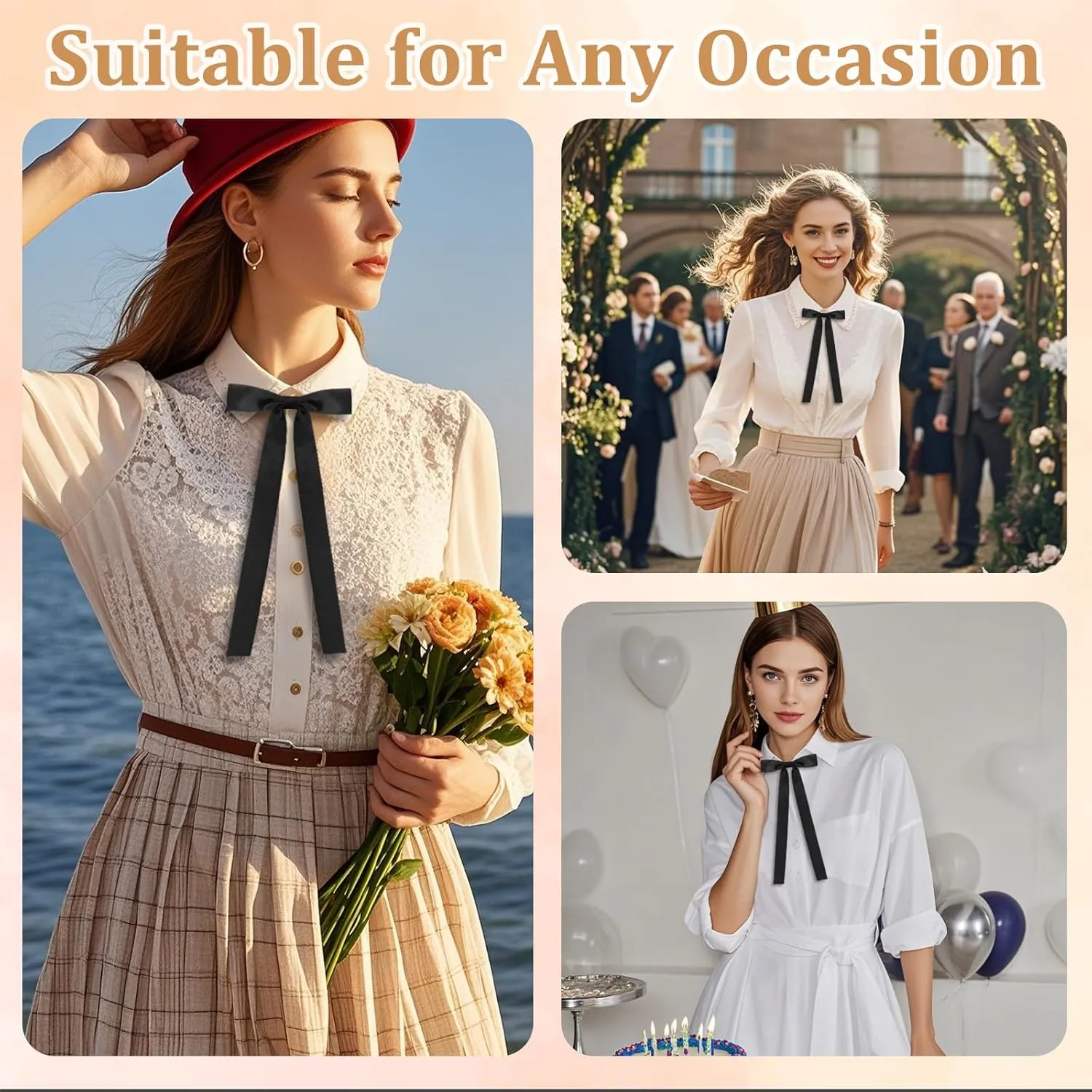 Womens Bow Tie Adjustable Pre-Tied Western Ties for Women Solid Color Ribbon Bow Tie for Uniform Cosplay School