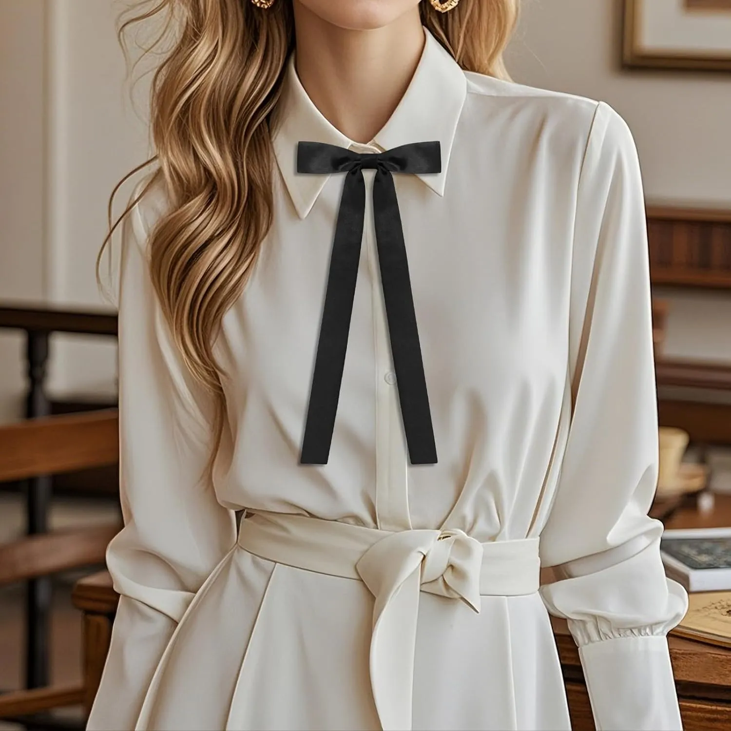 Womens Bow Tie Adjustable Pre-Tied Western Ties for Women Solid Color Ribbon Bow Tie for Uniform Cosplay School