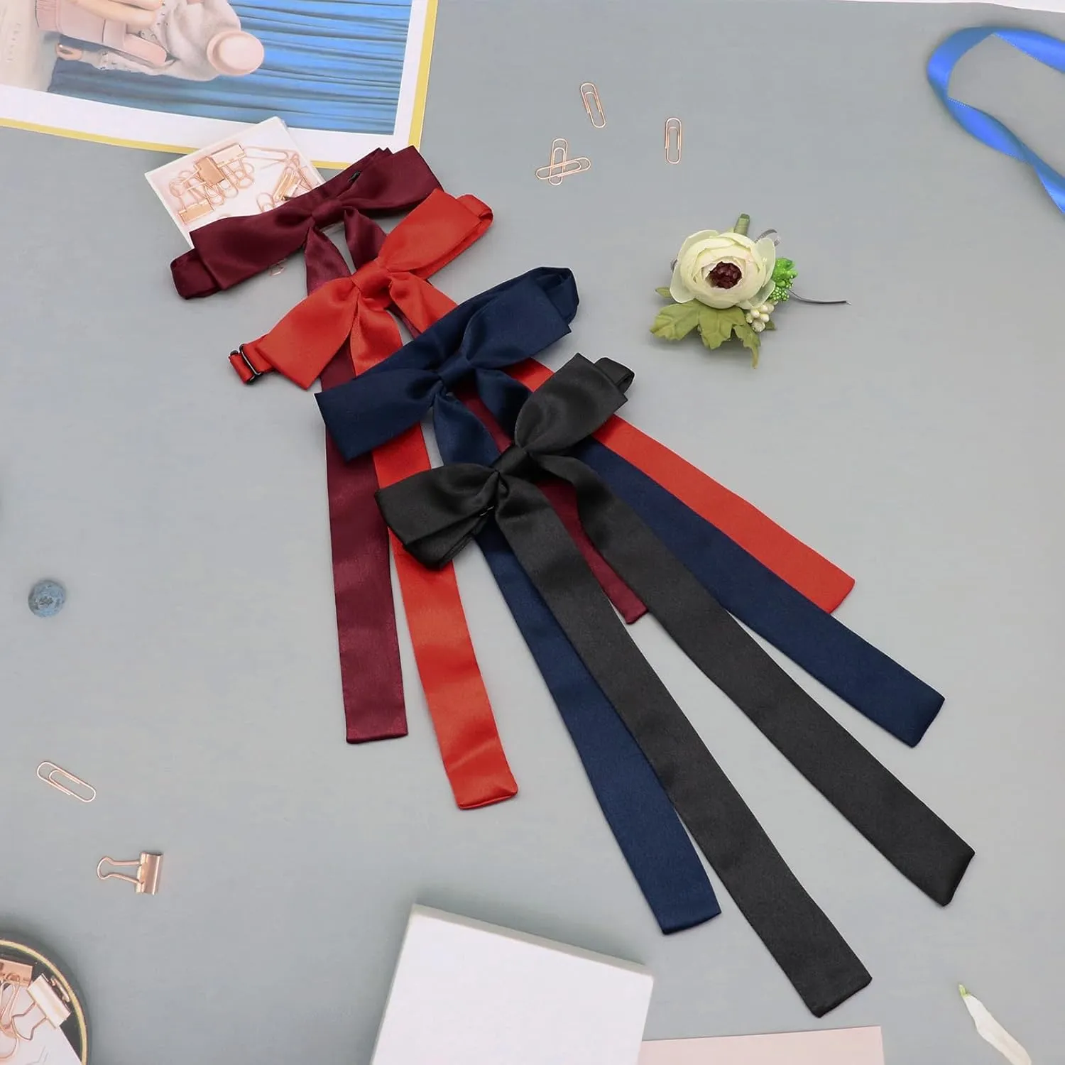 Womens Bow Tie Adjustable Pre-Tied Western Ties for Women Solid Color Ribbon Bow Tie for Uniform Cosplay School