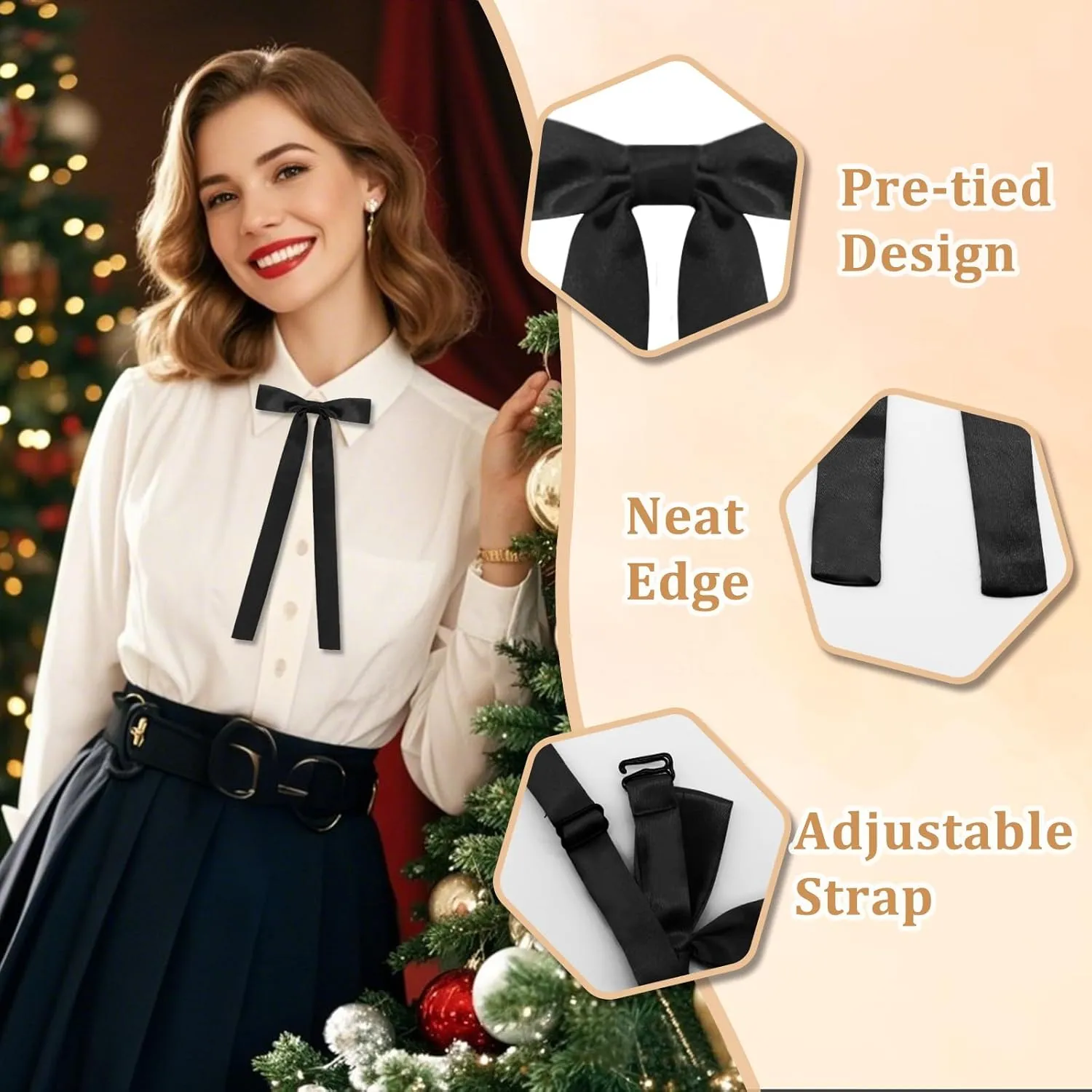 Womens Bow Tie Adjustable Pre-Tied Western Ties for Women Solid Color Ribbon Bow Tie for Uniform Cosplay School