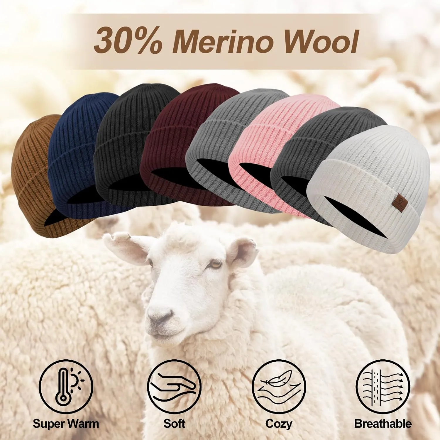 ZTL Merino Wool Beanie Hat for Men Women, Thick Warm Fleece Lined Knit Winter Hats Cuffed Beanie Stocking Hat Ski Skull Cap